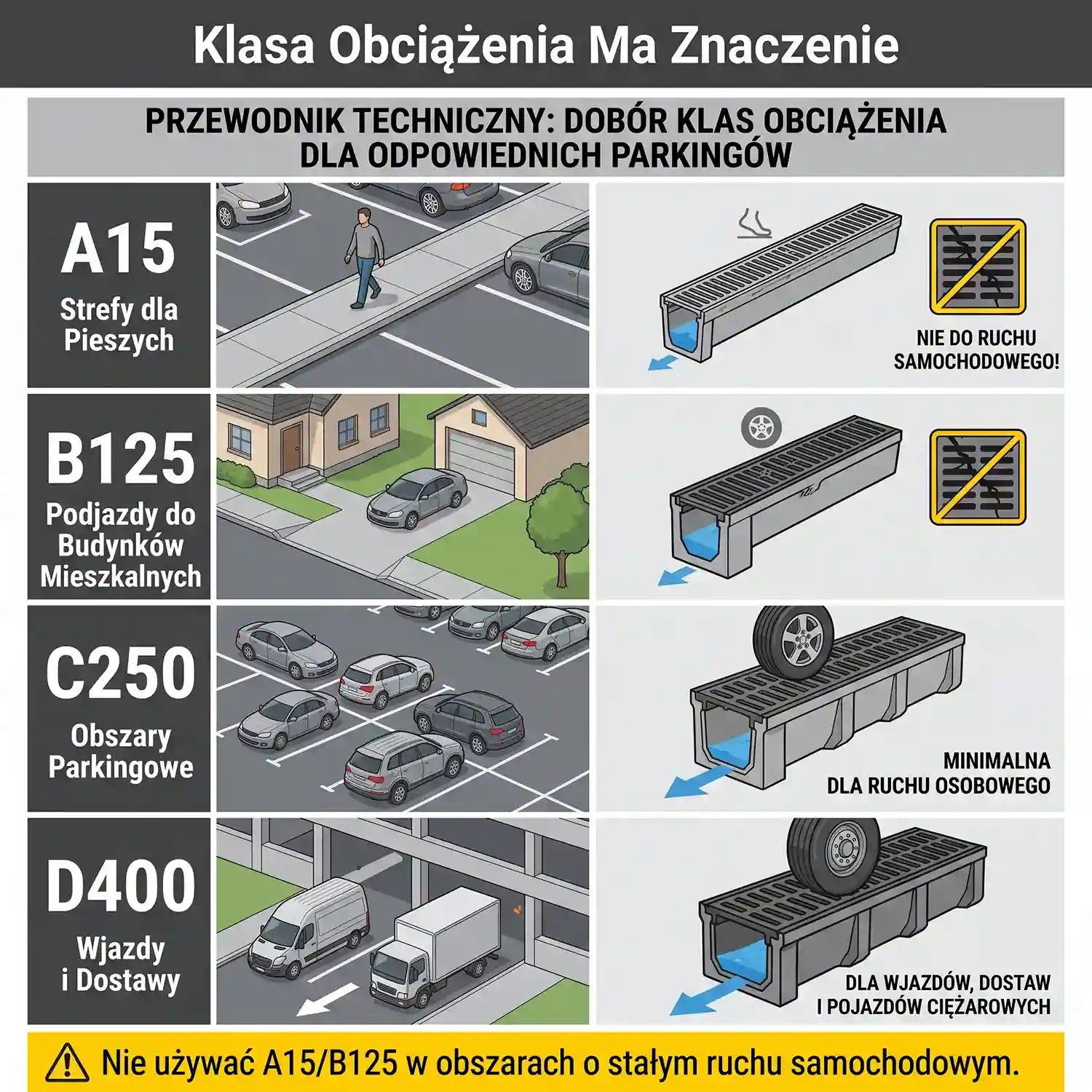 Klasy obciążenia odwodnienia liniowego na parkingu